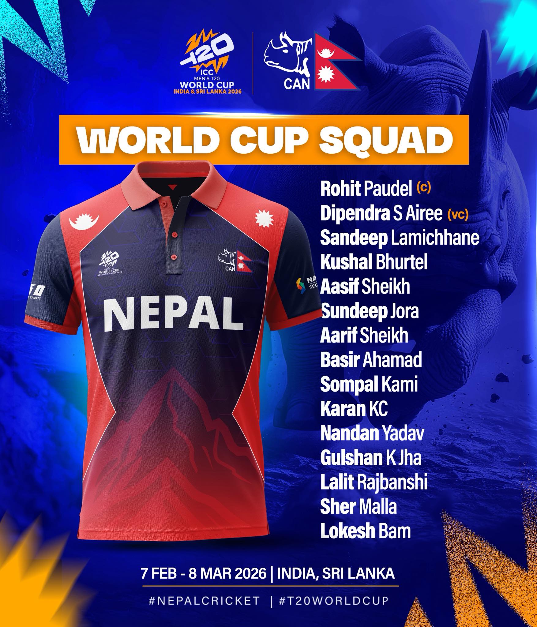 विश्वकप खेल्ने १५ सदस्यीय नेपाली राष्ट्रिय टोलीको घोषणा