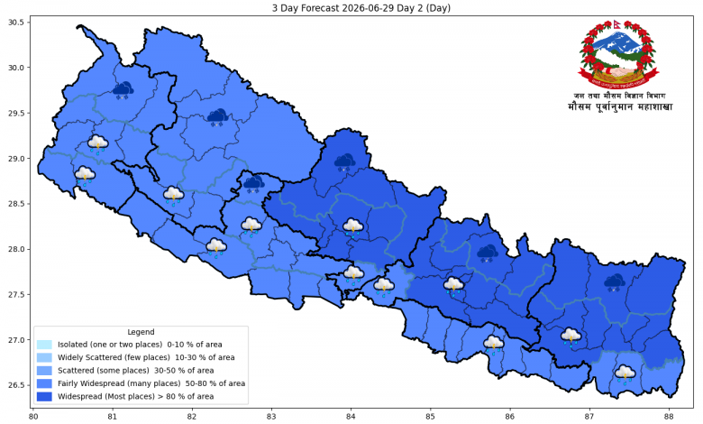 केही स्थानमा हल्कादेखि मध्यम वर्षाको सम्भावना