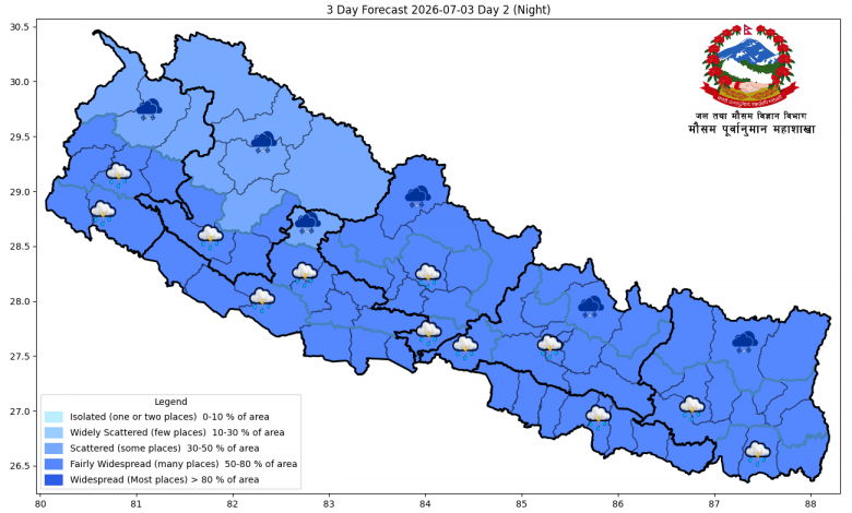 मनसुन सक्रियः आज चार प्रदेशका एकदुई स्थानमा भारी वर्षाको सम्भावना