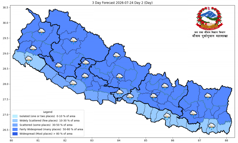 मनसुनी प्रभाव कायम, केही स्थानमा भारी वर्षाको सम्भावना मनसुनी प्रभाव कायम, केही स्थानमा भारी वर्षाको सम्भावना