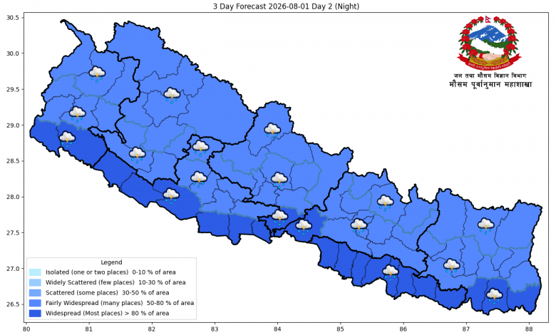 चार प्रदेशका पहाडी क्षेत्रमा आज भारी वर्षाको सम्भावना